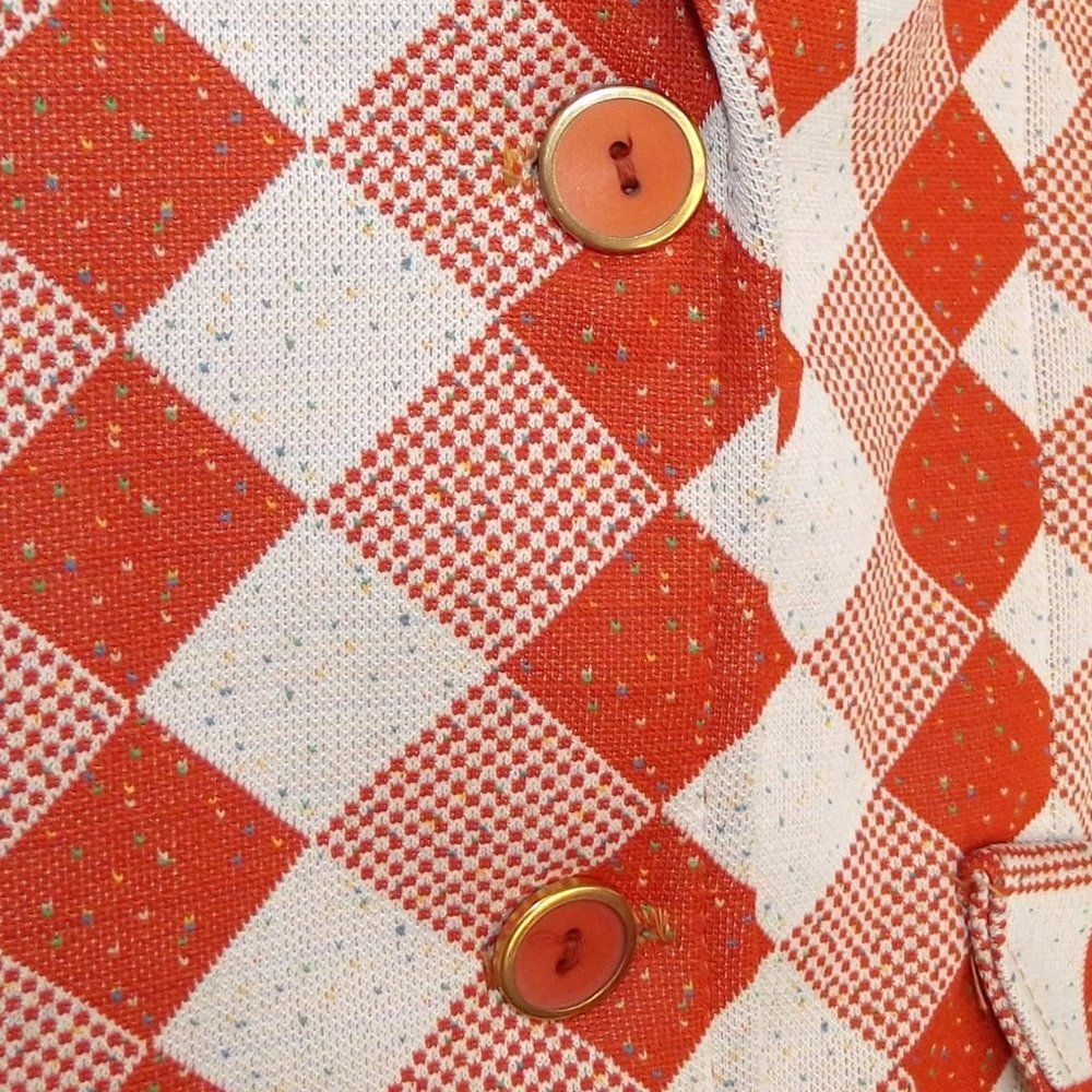 VINTAGE Blazer, M/L, Orange/Off-White Diamonds/Check, 2 buttons, Poly - Picture 8 of 12